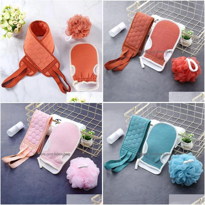 bathroom sets exfoliating long solid back strap bath towel massage spa sponge body flower 4 colors w0059