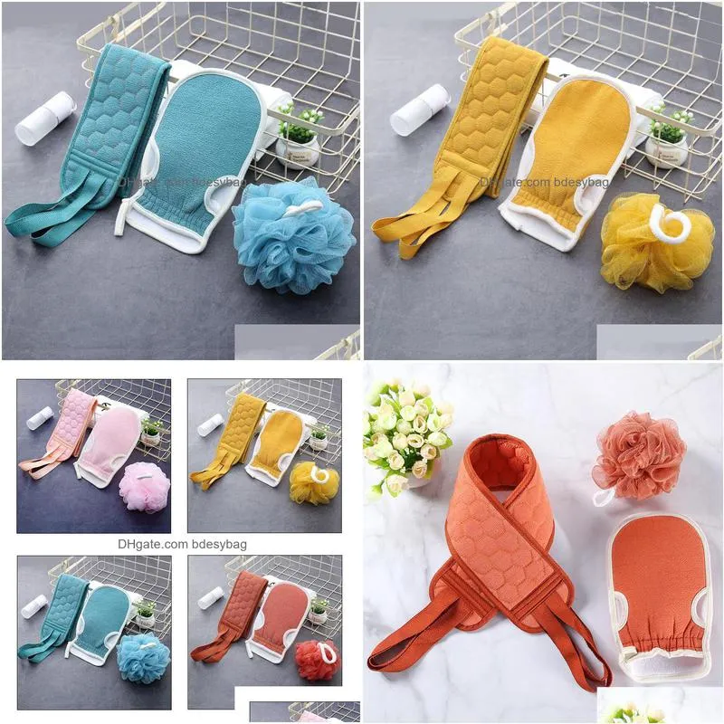 bathroom sets exfoliating long solid back strap bath towel massage spa sponge body flower 4 colors w0059