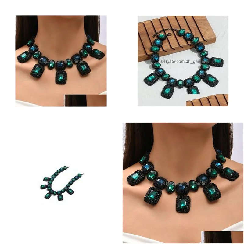 beaded necklaces 2022 european and american stars luxury brand green glass crystal gems short collarbone exaggerated necklace female