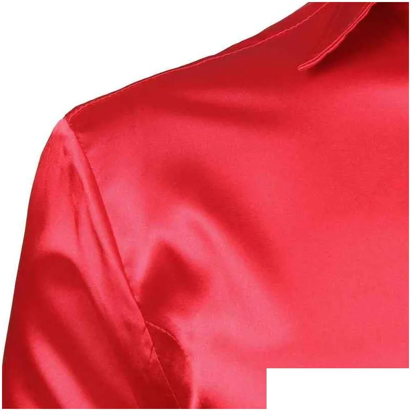 mens slim fit silk satin dress shirts wedding groom stage prom shirt men long sleeve button down shirt male chemise homme red 210730