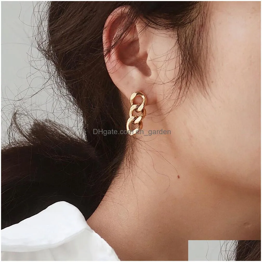 Dangle & Chandelier Punk Cuban Link Chain Stud Earrings For Fashion Women Genuine Gold Plated Ring Clasp Dangle Rock Jewelry Dhgarden Otfiw