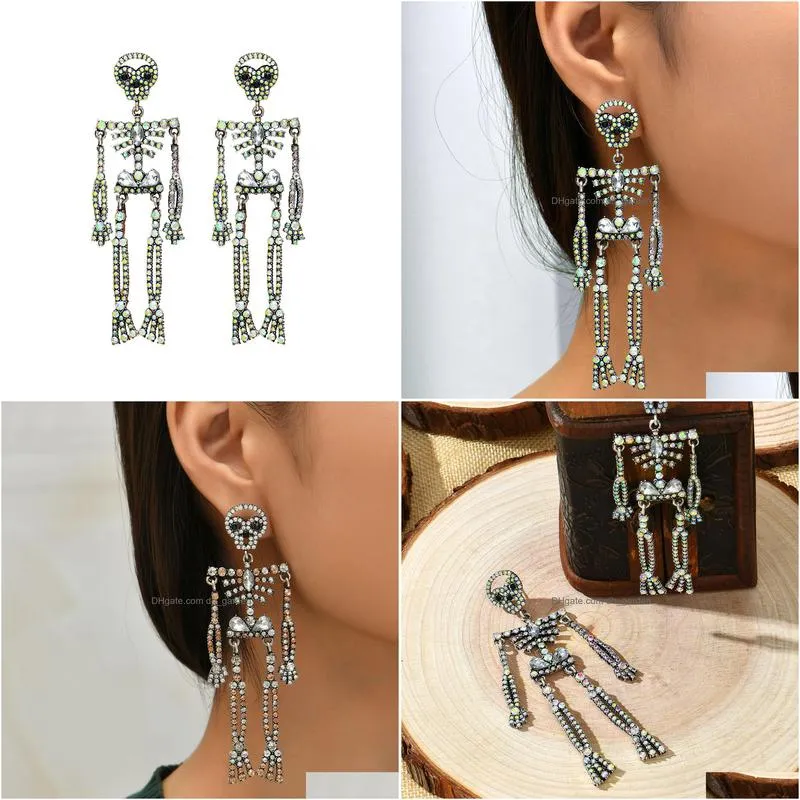 charm european and american halloween design ear needles full of diamonds personality retro exaggerated skeleton human skeleton
