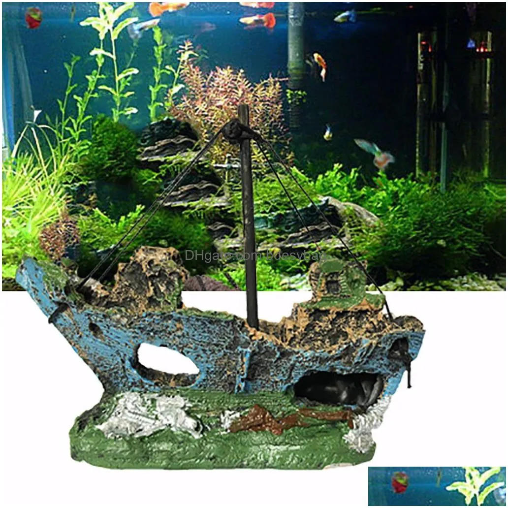 Decorations Aquarium Fish Tank Decorations Landscape Pirate Ship Wreck Ships Decor Resin Boat Ornament Accessories Drop Delivery Home Dhurv