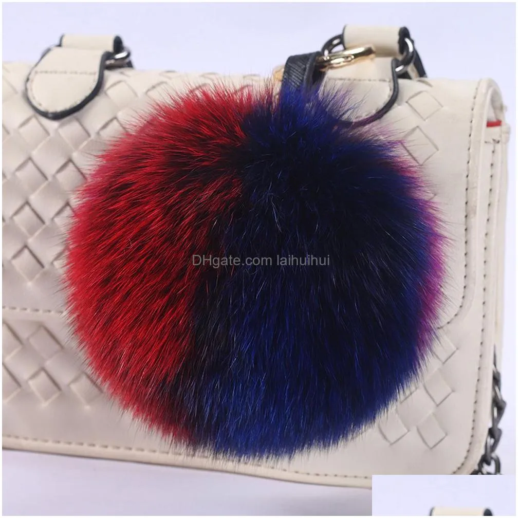 fashion 15cm big size real fur ball keychain pompons car key chains pom poms keyring for charm bag pendant