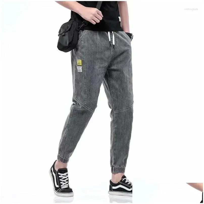 Men`S Jeans Mens Jeans Est Goods Baggy Dstring Waist Men Streetwear Elastic Cuff Kpop Clothes Casual Wide Leg Harajuku Gray Blue Drop Ottam