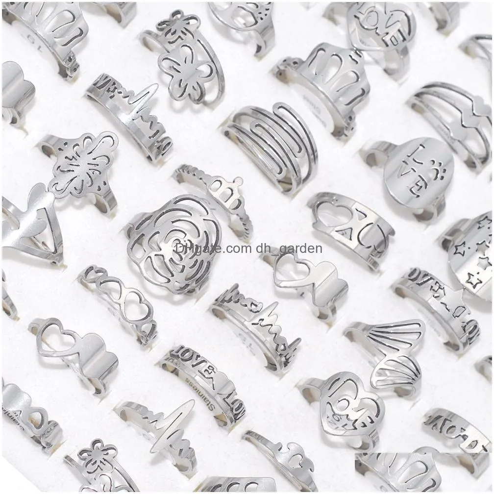 bulk lots 50pcs style mix silver plated stainless steel rings women men heart butterfly corwn flower trendy charm wedding party lover gifts accessories