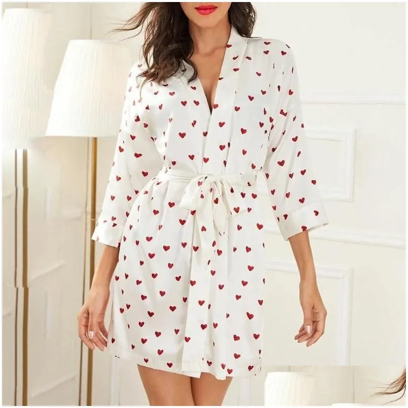 woman robes 2021 summer lingerie women silk heart print satin belted robe bathrobe sleepwear fashion womens