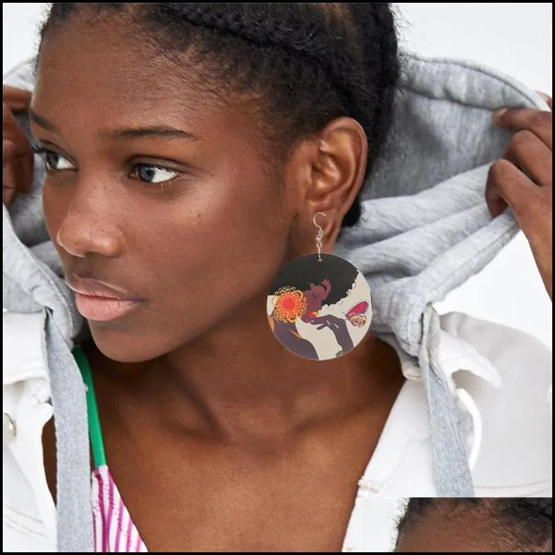 african wooden earrings ins handmade ethnic africa pattern print wood drop earrings queen girls jewelry hoop earrings