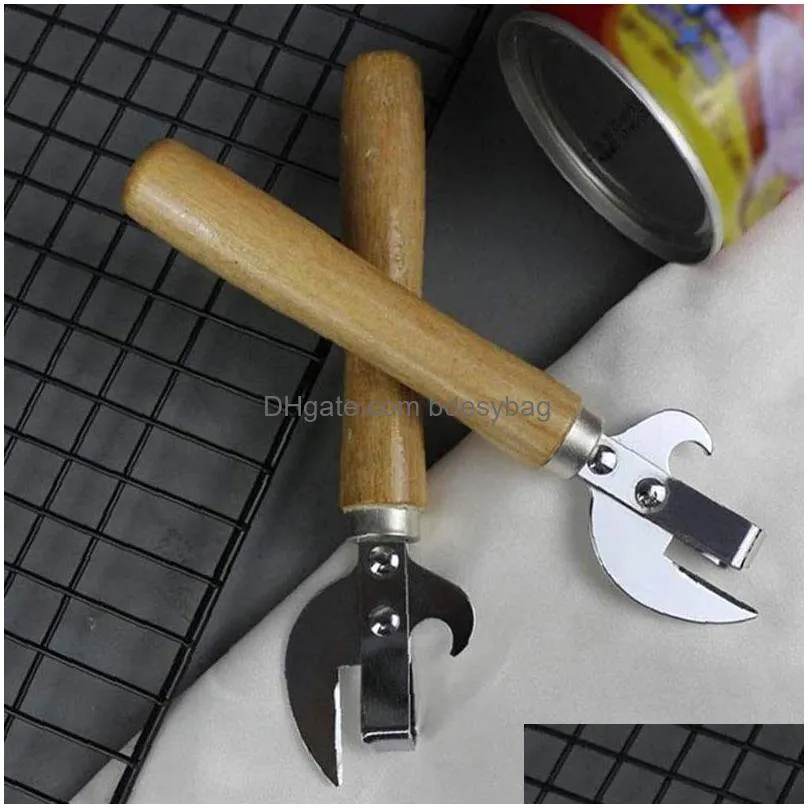 can opener manual beer bottle opener lid remover utensil stainless steel multifunctional kitchen accessories with wooden handle lx5190