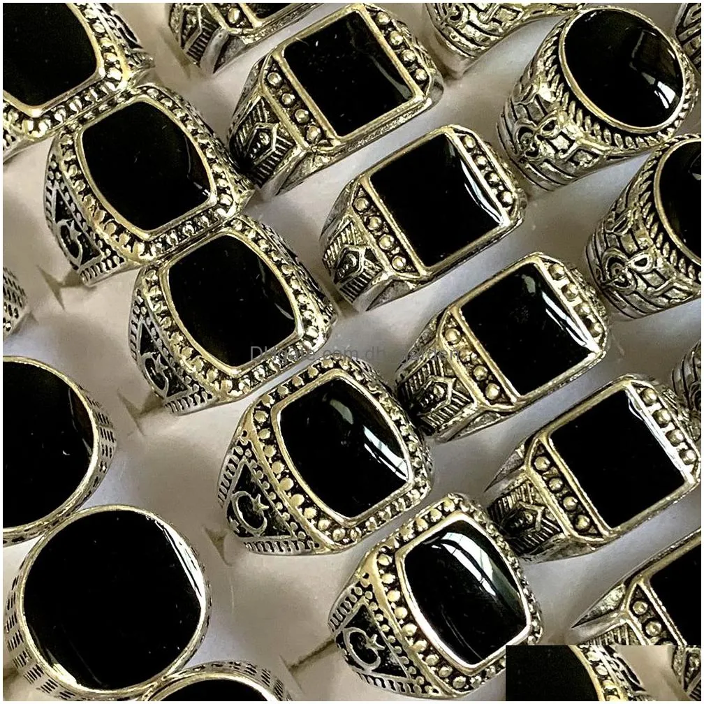wholesale 30 black enamel vintage design rings mix women men cool retro jewelry