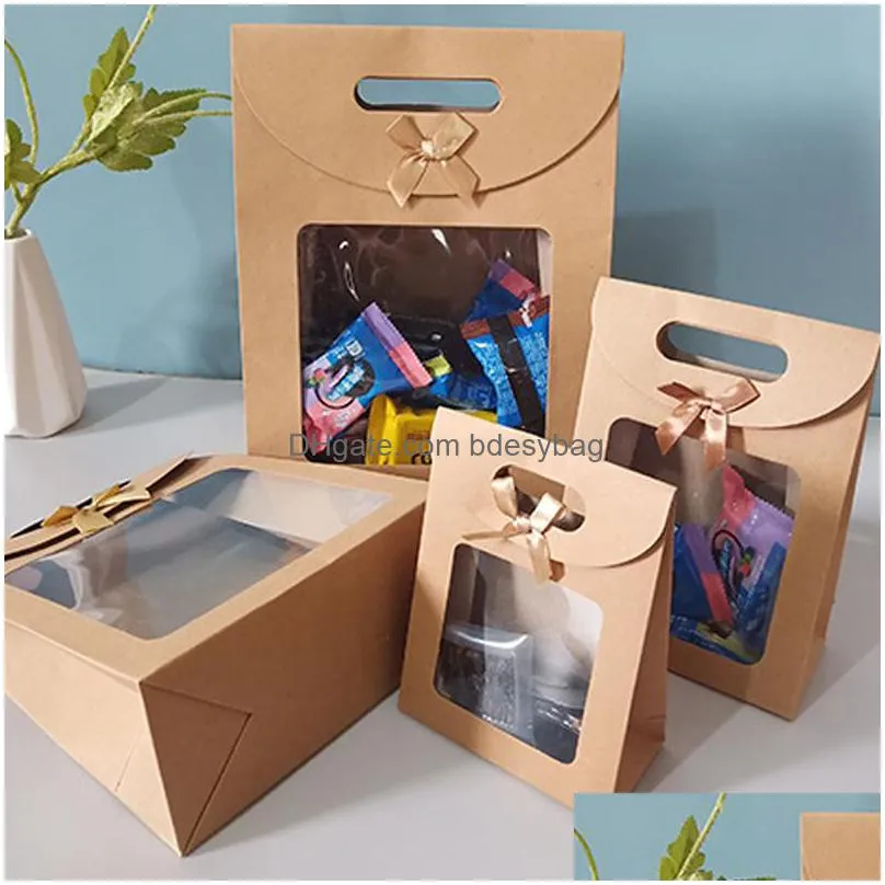 kraft paper candy wrapping bags clear pvc window paper package kids gifts wedding favors birthday party supplies lx3685