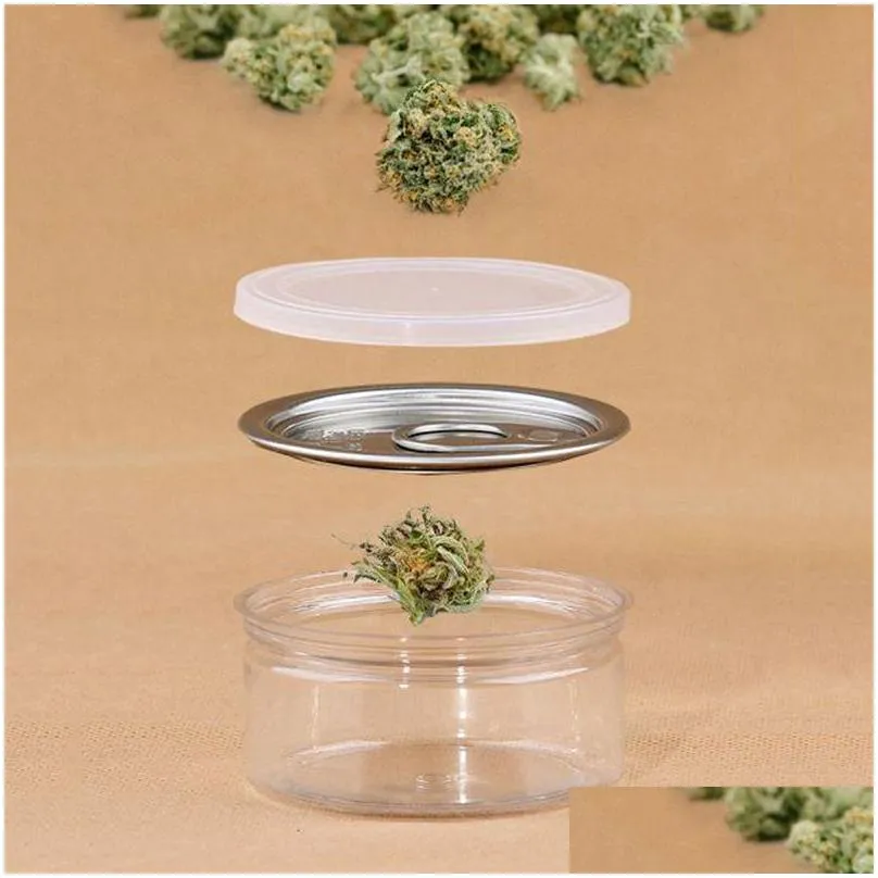 100ml clear plastic jar packaging bottles pet metal lid airtight tin can pull ring concentrate container food herb storage box customized