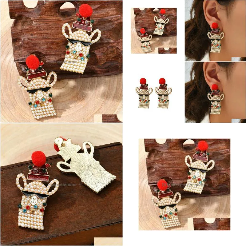 charm christmas earrings creative funny alloy diamond cartoon alpaca earrings holiday hat crossborder ear jewelry