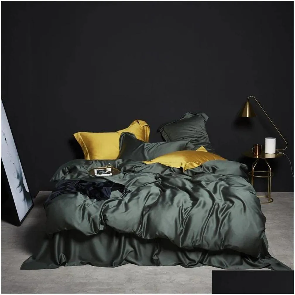 Bedding sets LivEsthete Dark Green 100% Silk Bedding Set Healthy Pure Silk Luxury Queen King Duvet Cover Flat Sheet Pillowcase Bed Linen Set