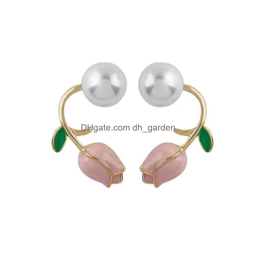 Stud French Light Luxury Pink Tip Flower Pearl Stud Earrings For Women Zircon Exquisite Earring Party Christmas Jewelry Gift Dhgarden Ottxe