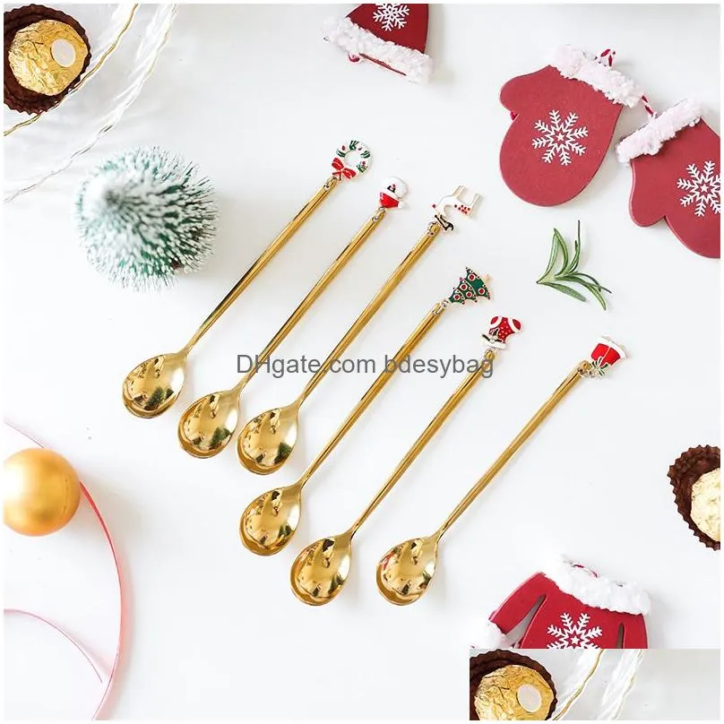 Coffee Scoops Creative Christmas Coffeeware Gold Sliver Coffee Scoops Stainless Steel Cutlery Set Serving Colorf Unique Spoons Drop De Dh6Vf