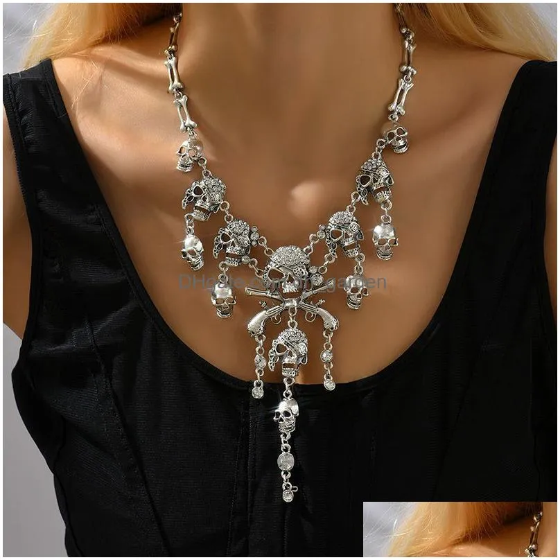 pendant necklaces halloween accessories european and american retro exaggeration multilayered skull ghost head tassel alloy necklace wholesale