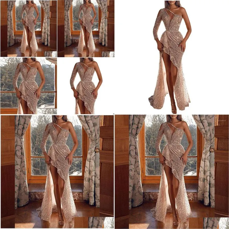 casual dresses y one shoulder sequin dress evening party women elegant solid high split backless wedding prom long maxi 2022