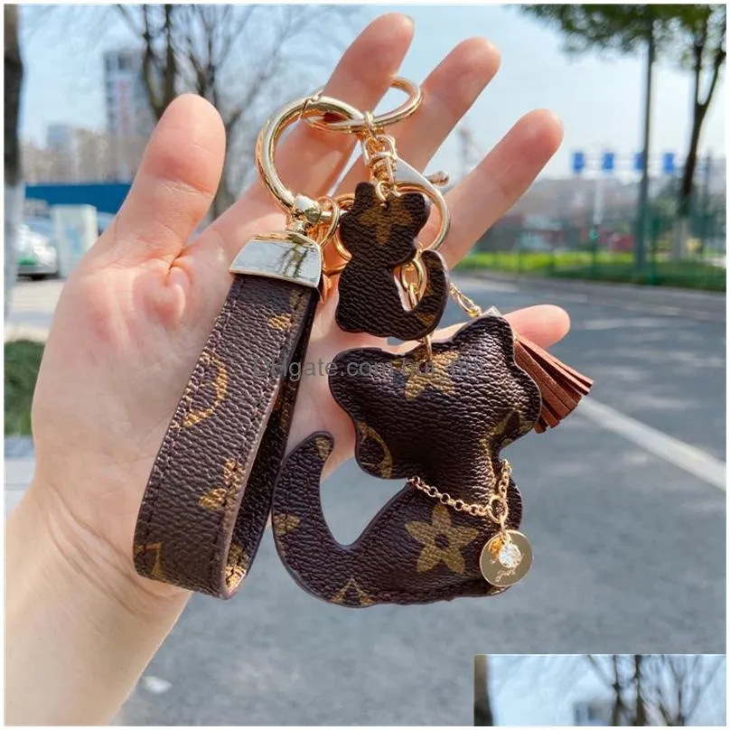 cat diamond design car keychain favor flower bag pendant charm jewelry keyring holder for men gift fashion pu animal key chain