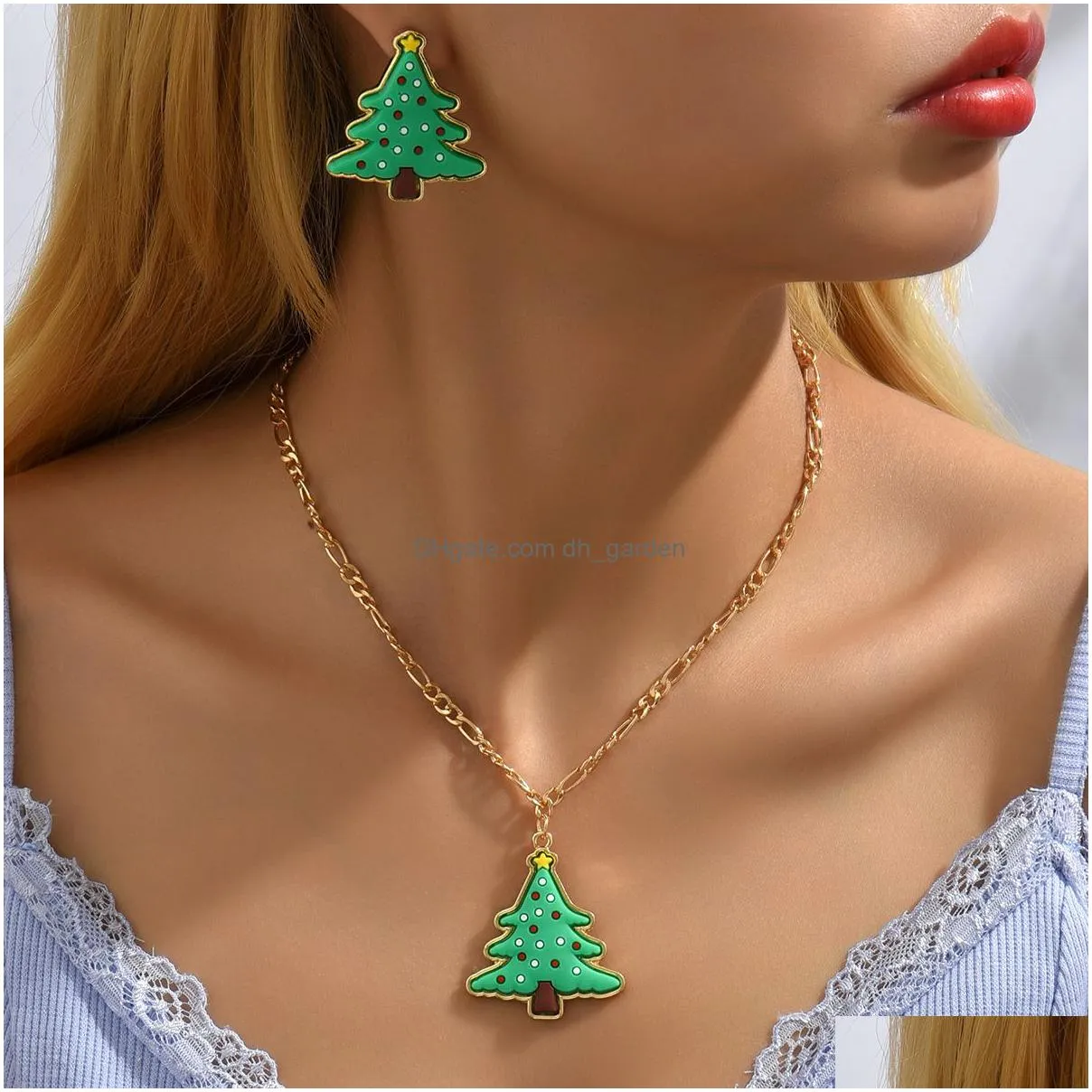 european and american crossborder christmas tree earrings necklace set cartoon cute womens jewelry set wholesale