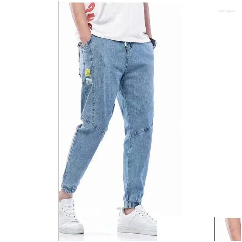 Men`S Jeans Mens Jeans Est Goods Baggy Dstring Waist Men Streetwear Elastic Cuff Kpop Clothes Casual Wide Leg Harajuku Gray Blue Drop Ottam