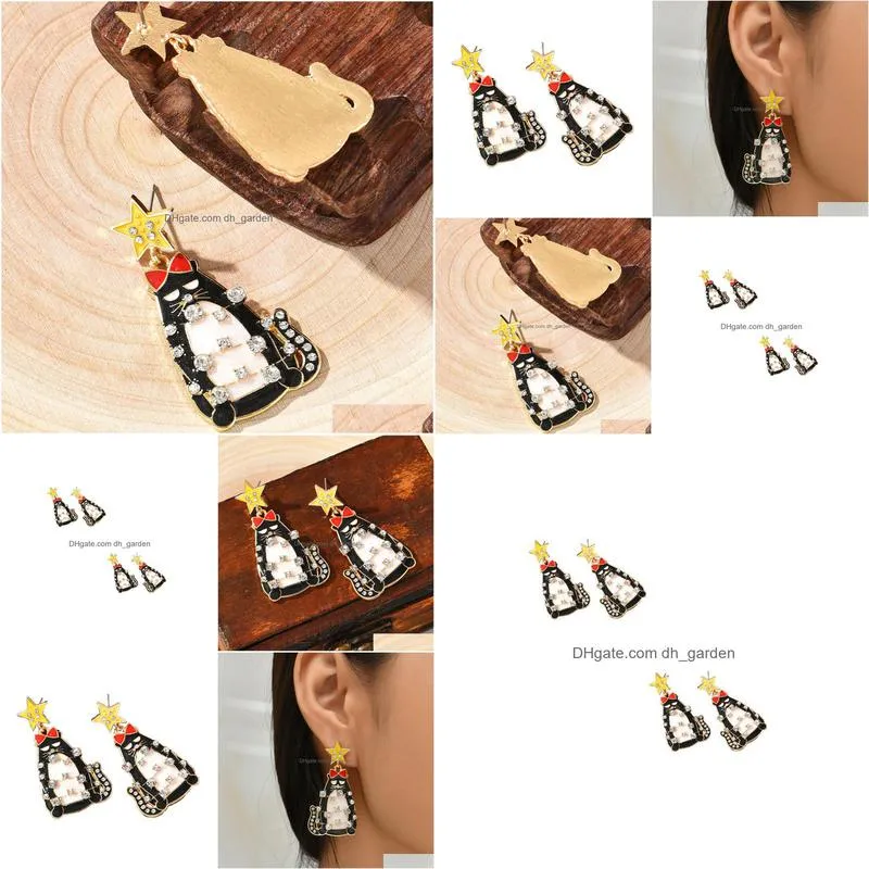 charm european and american crossborder fashion new cartoon christmas kitten earrings long white diamond earrings