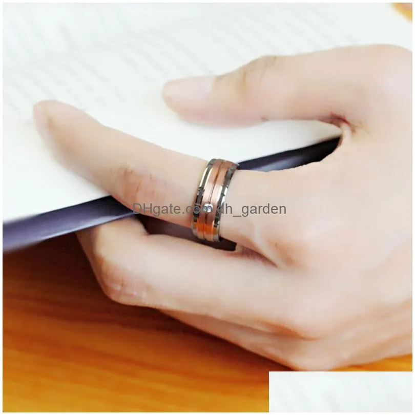 Band Rings Fashion Mens Beveled Steel Rings Rose Gold Color Brushed Inlay Zircon Ring Wedding Band Jewelry Gift Drop Delivery Dhgarden Otznr