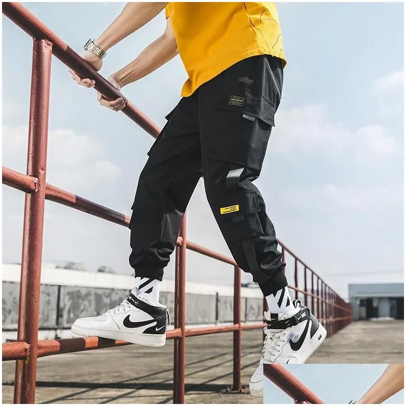hip hop harem joggers cargo pants for men with multipockets ribbons man sweatpants streetwear casual mens s5xl