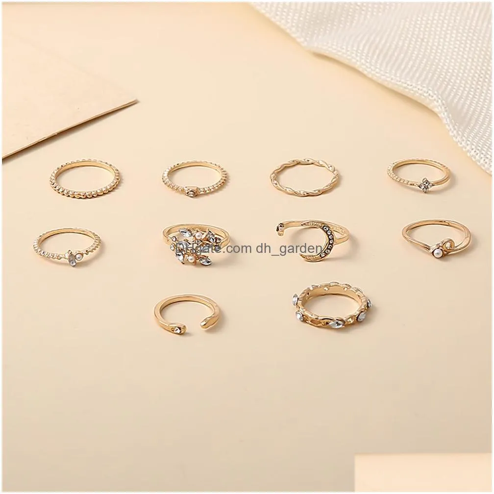 Band Rings 10Pcs/Set New Bohemian Gold Color Chain Rings Set Boho Coin Snake Moon Party For Women Fashion Jewelry Drop Delive Dhgarden Ot3Hp