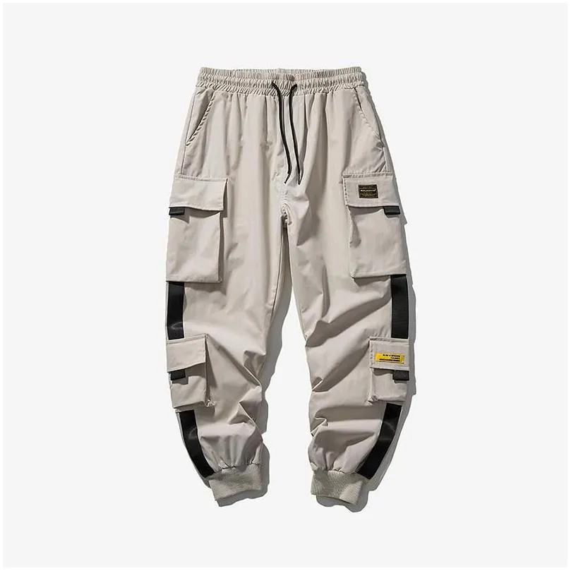 hip hop harem joggers cargo pants for men with multipockets ribbons man sweatpants streetwear casual mens s5xl