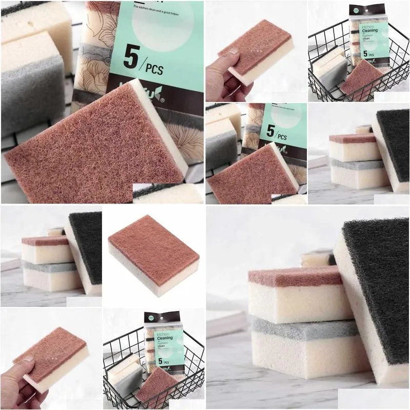 Sponges & Scouring Pads Mti Color 5-Piece Kitchen Dishwashing Sponge Double-Sided Cleaning Thickened Wi Pot Stove And Drop Delivery Ho Otqfi