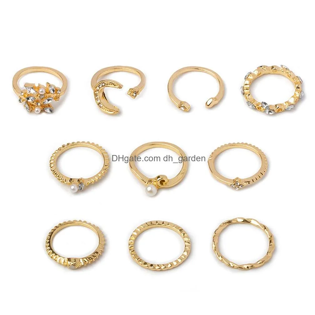 Band Rings 10Pcs/Set New Bohemian Gold Color Chain Rings Set Boho Coin Snake Moon Party For Women Fashion Jewelry Drop Delive Dhgarden Ot3Hp