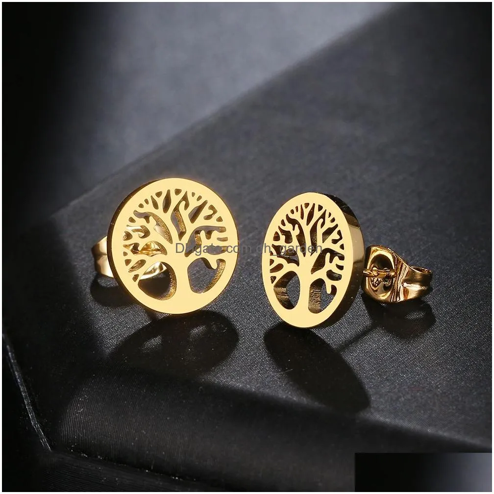 Stud Stainless Steel Earrings Vintage Fortune Tree Fashion Stud Classic Simple Earring For Women Jewelry Wedding Drop Delive Dhgarden Otbmw