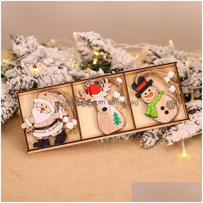 Christmas Decorations Christmas Ornament Wooden Hanging Pendants Cartoon Santa Claus Combination Xmas Tree Bell Decorations For Home 9 Dhghl