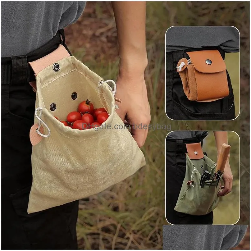 outdoor foraging bag portable fruit picking pouch collapsible berry puch storage hiking camping drawstring canvas bag lx5141