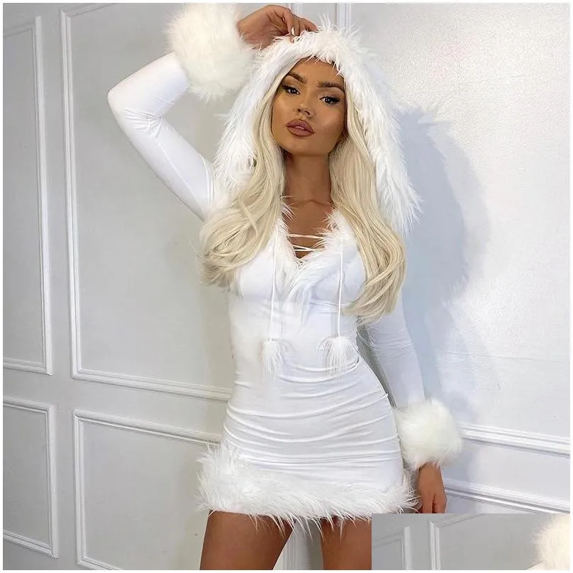 fluffy street style winter dress stitched lace up hooded fashion miniskirt womens autumn long sleeve vneck dress tight fuzzy party