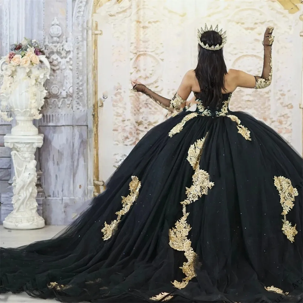 Gold Lace Appliques Black Tulle Quinceanera Dresses Ball Gown Three Quarter Sleeve Sweet 16 Prom Party Gowns vestidos quince