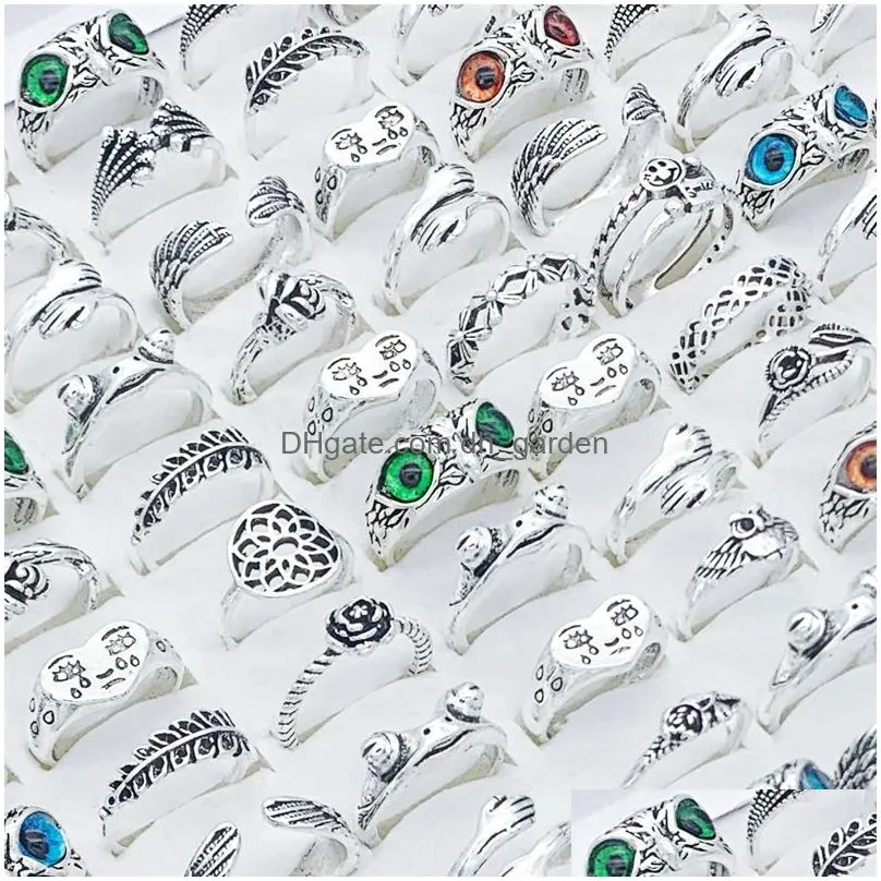 wholesale 50pcs silver rose frog owl wing antique band rings mix for multi style women men girl charm party gifts jewelry