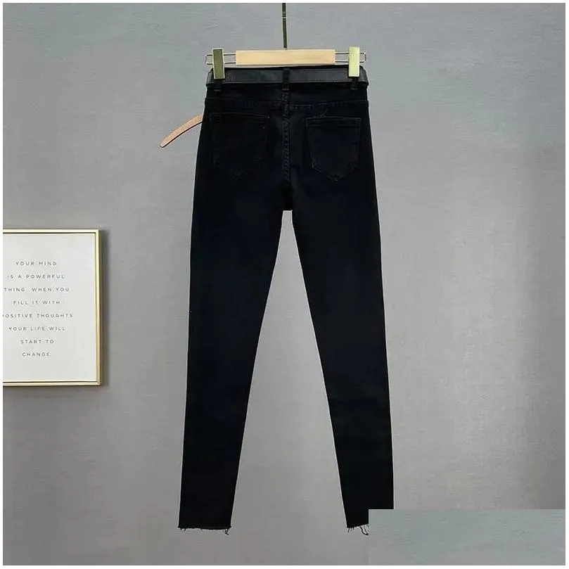 black jeans for capris women trendy autumn winter high waist slimming rhinestone pencil pants street stretch skinny trousers
