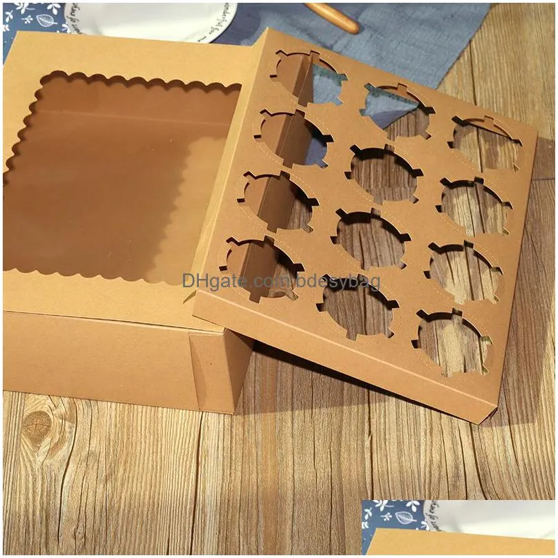 white kraft paper packaging box with window cup cake boxes 12 cupcake baking gift packing box lx1653