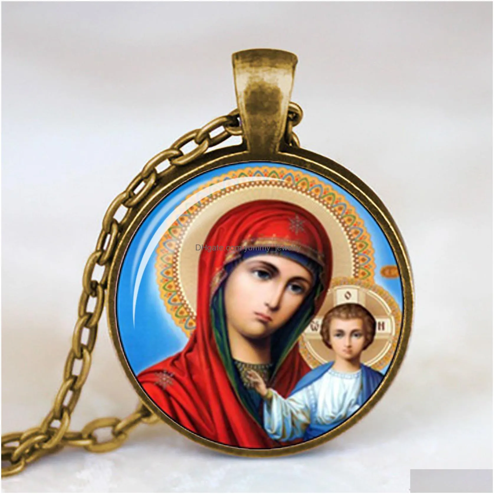 blessed virgin mary mother of baby necklace jesus christ christian pendant catholic religious glass jewelry gift for men women