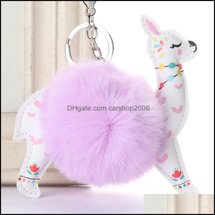 fluffy fur ball alpaca key rings leather animal keychains charm 10cm artificial rabbit pompom keyrings women jewelry p43fa