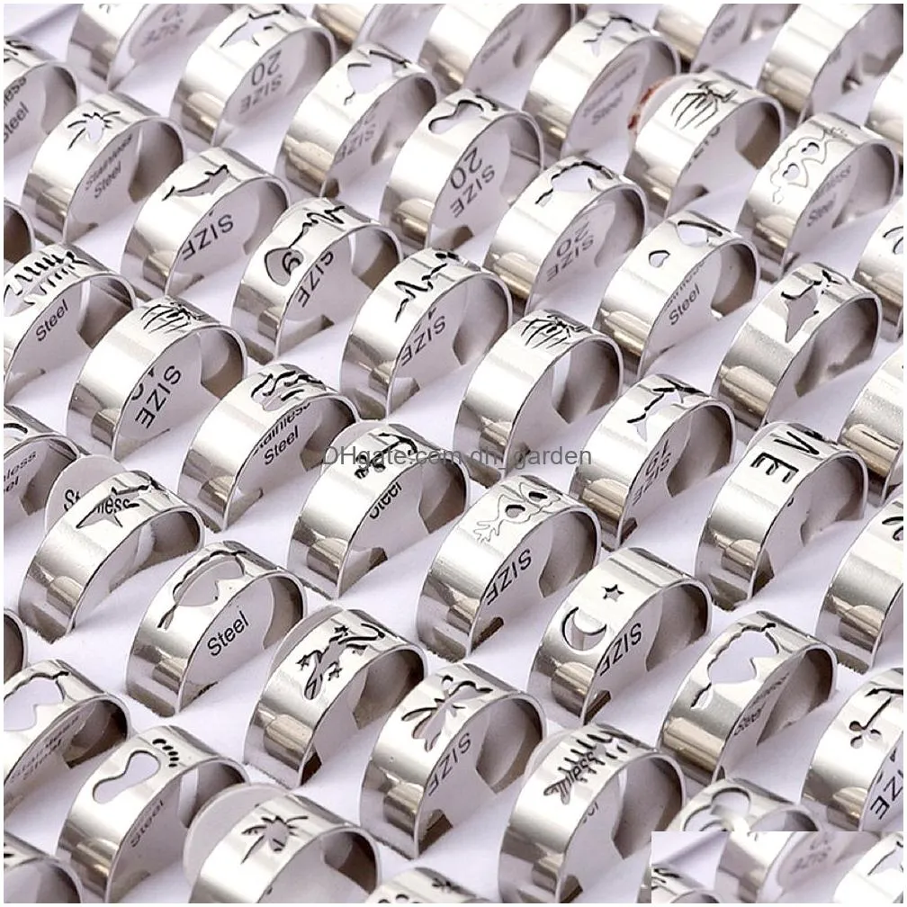 bulk lots 50ppcs style mix hollow out band stainless steel couple rings for women men charm luxury fashion teenage trend party gifts accessories jewelry