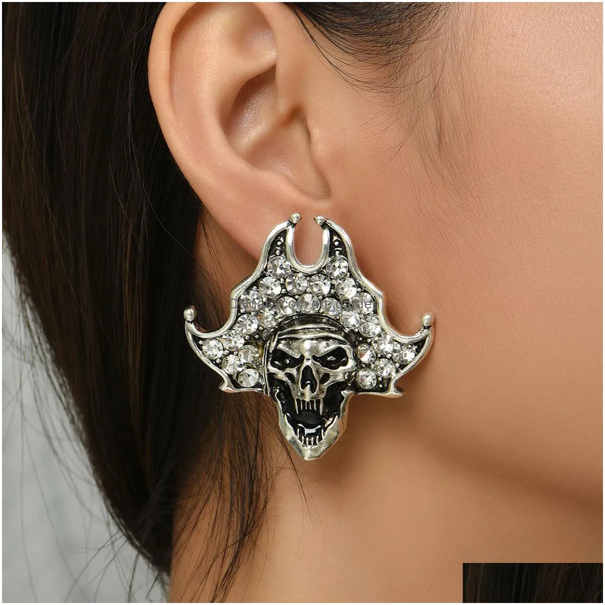 charm europe and the united states new highend alloy skull head diamondstudded halloween earrings retro personality simple earrings