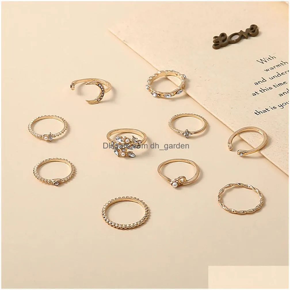 Band Rings 10Pcs/Set New Bohemian Gold Color Chain Rings Set Boho Coin Snake Moon Party For Women Fashion Jewelry Drop Delive Dhgarden Ot3Hp