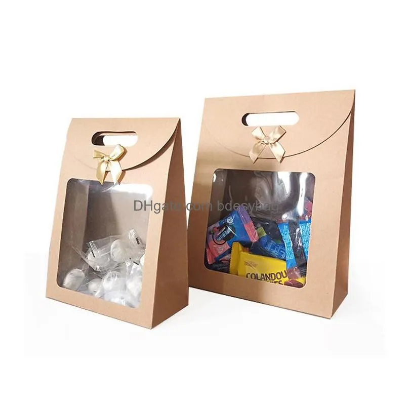 kraft paper candy wrapping bags clear pvc window paper package kids gifts wedding favors birthday party supplies lx3685