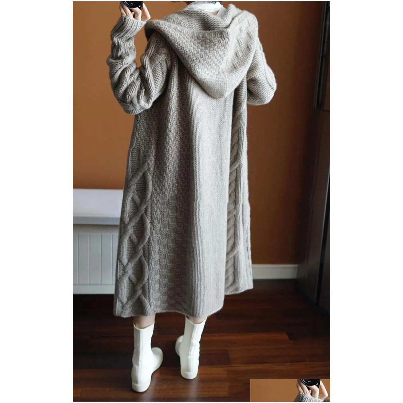 tailor sheep autumn winter new hooded coat women loose cardigan female long cashmere sweater thick knitted wool cardigan 201202