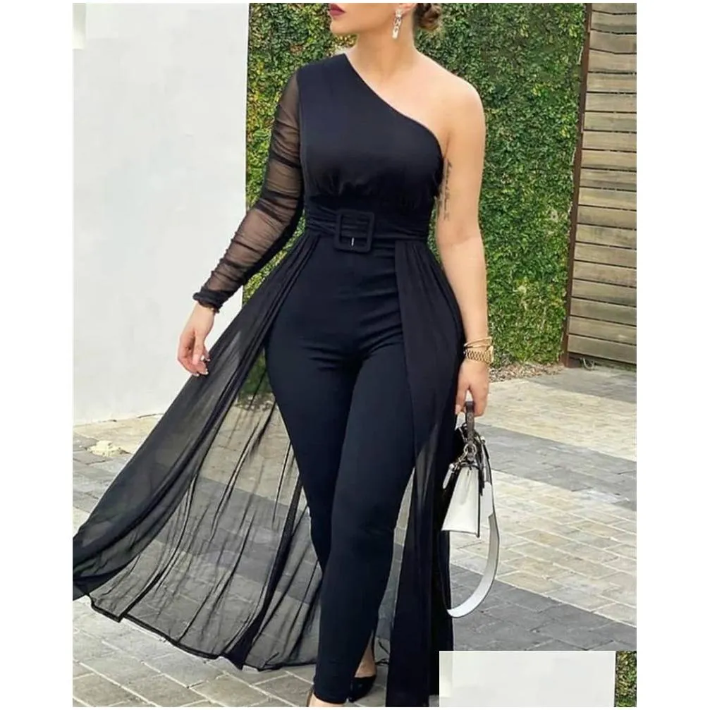 women jumpsuit black meshwork long sleeve casual dresses high waist elegant office ladies work wear female slim overall sxl