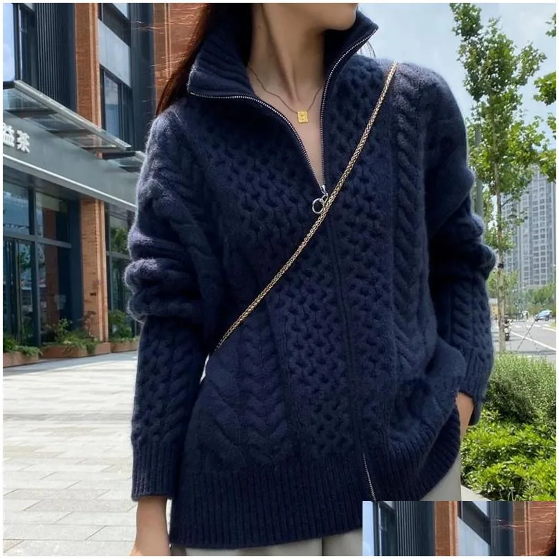 european station autumn and winter thick highnecked cashmere knitted cardigan woman loose thin zipper sweater coat wool coat 220325