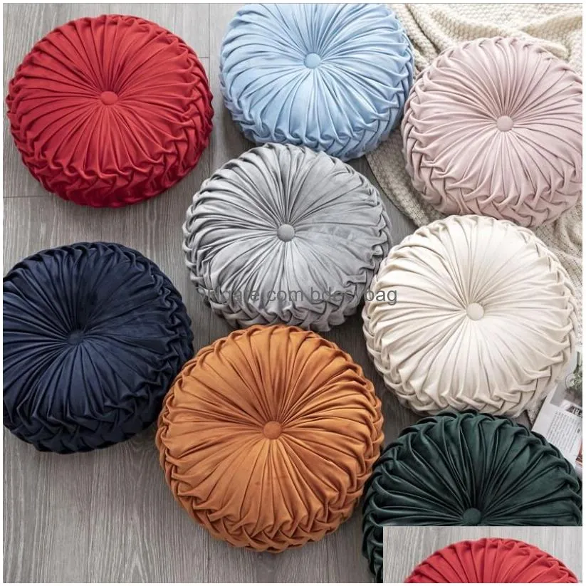 Cushion/Decorative Pillow Fashion Veet Pleated Round Floor Cushion Pillow Pouf Soft Comfortable Throw Home Sofa Decor Diameter 38Cm Dr Dhepc